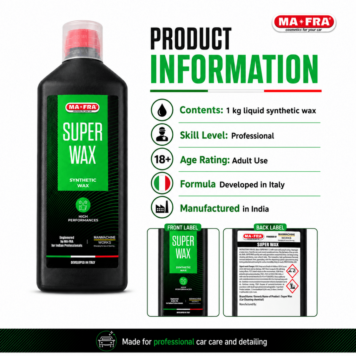 Mafra, 1 L Super Wax, Synthetic Wax, Long Lasting And High Performance, Eco - Friendly And Safe To Use With Dilution Ratio 1:9 Via Foam Gun (wash Up To 100 Times) - Detailing Essentials