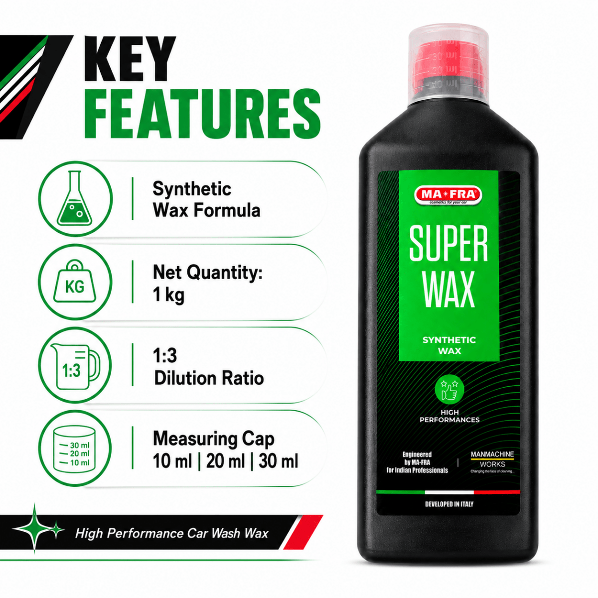 Mafra, 1 L Super Wax, Synthetic Wax, Long Lasting And High Performance, Eco - Friendly And Safe To Use With Dilution Ratio 1:9 Via Foam Gun (wash Up To 100 Times) - Detailing Essentials