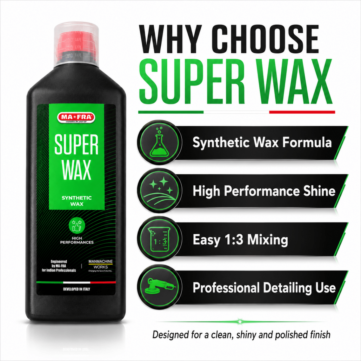 Mafra, 1 L Super Wax, Synthetic Wax, Long Lasting And High Performance, Eco - Friendly And Safe To Use With Dilution Ratio 1:9 Via Foam Gun (wash Up To 100 Times) - Detailing Essentials
