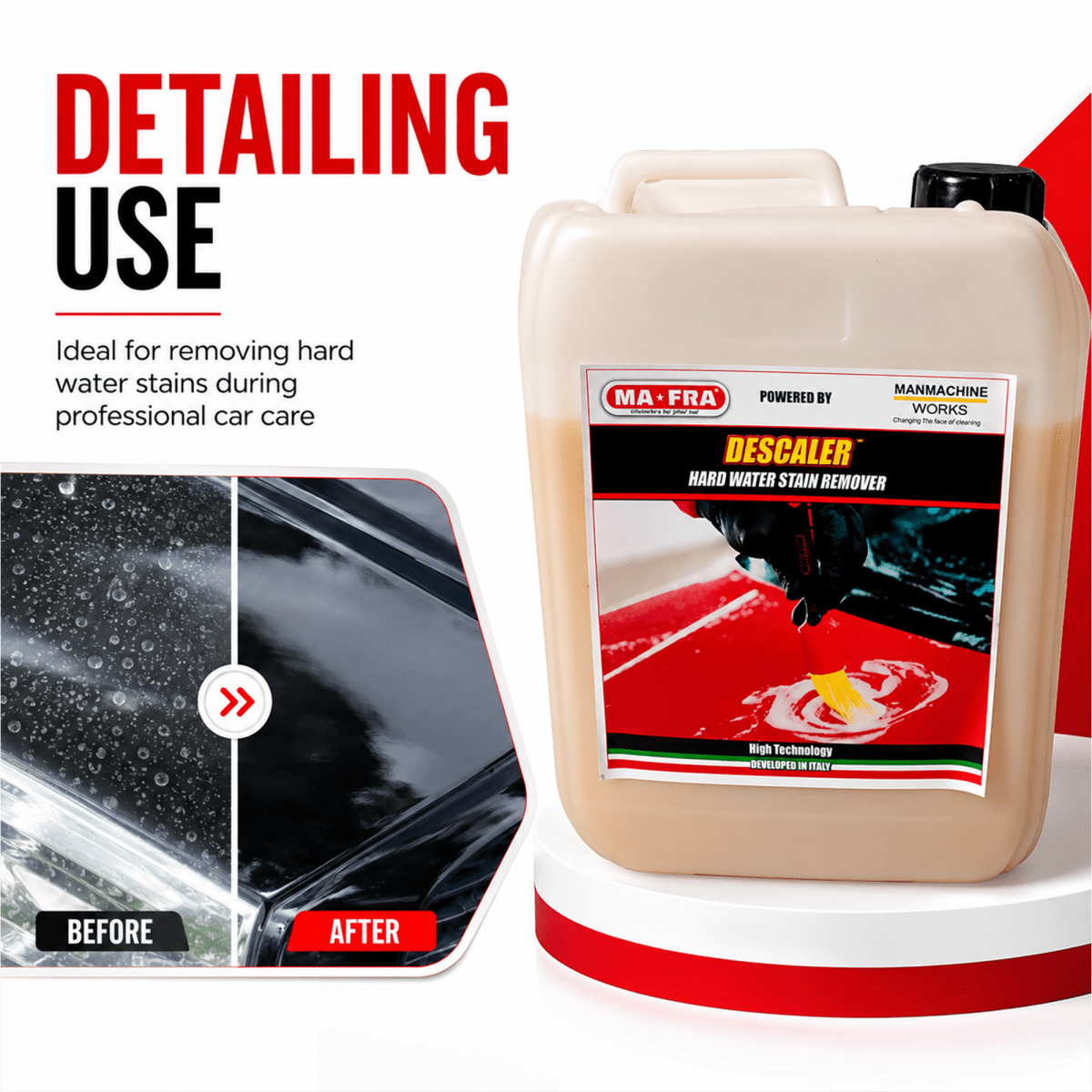 MAFRA Descaler 1L – Hard Water Stain & Limescale Remover for Cars & Surfaces | High - Performance Cleaner for Glass, Chrome, and Paint - Detailing Essentials