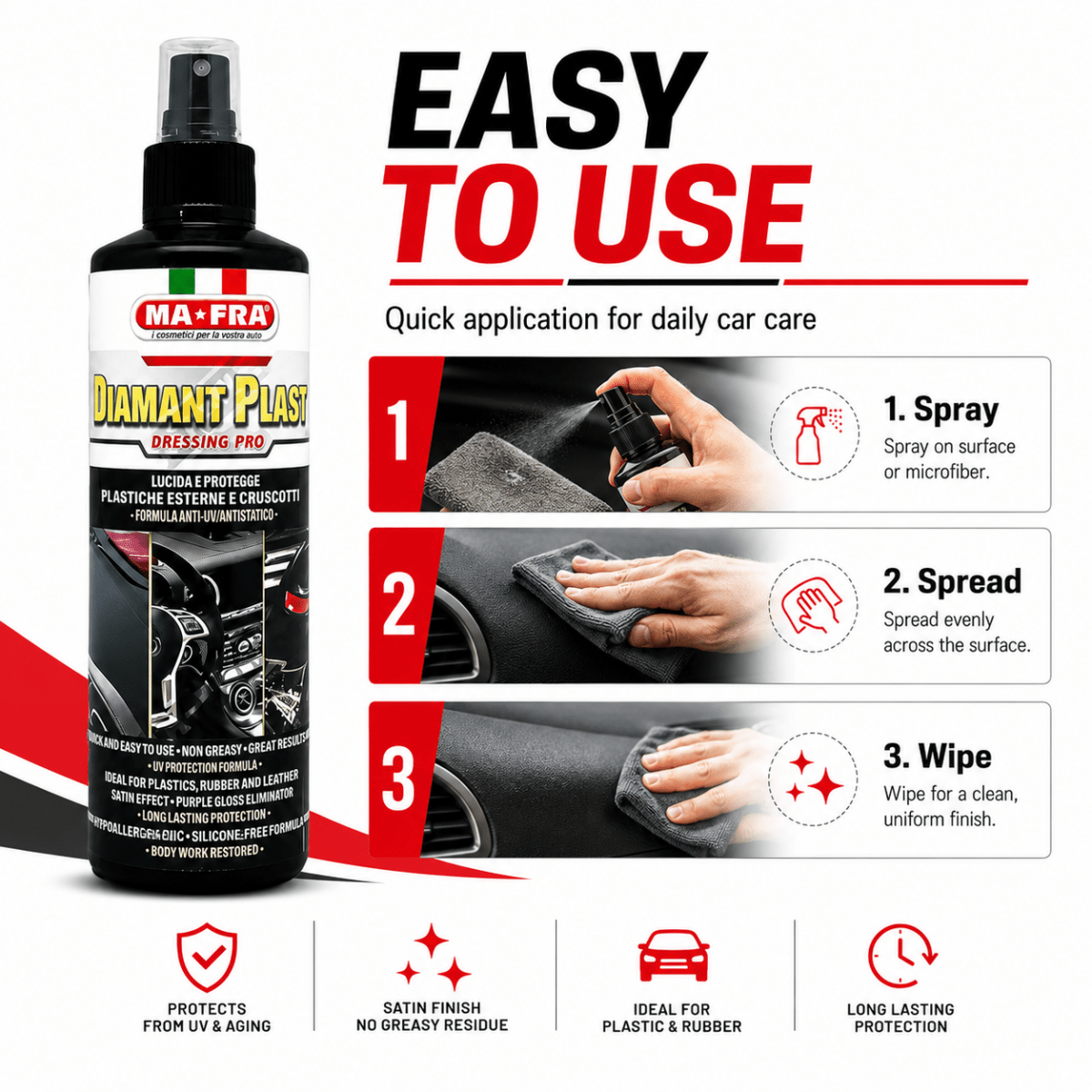Mafra Diamant Plast Dressing Pro 250ml | Dashboard, Plastic & Rubber Polish For Car Interior & Exterior - Detailing Essentials