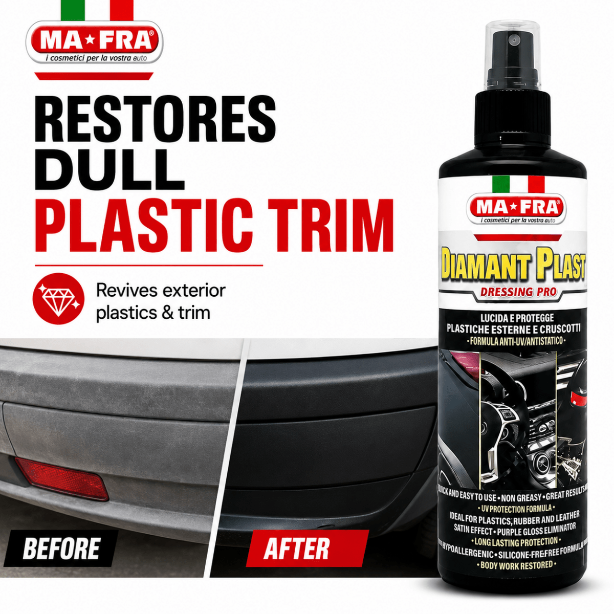 Mafra Diamant Plast Dressing Pro 250ml | Dashboard, Plastic & Rubber Polish For Car Interior & Exterior - Detailing Essentials
