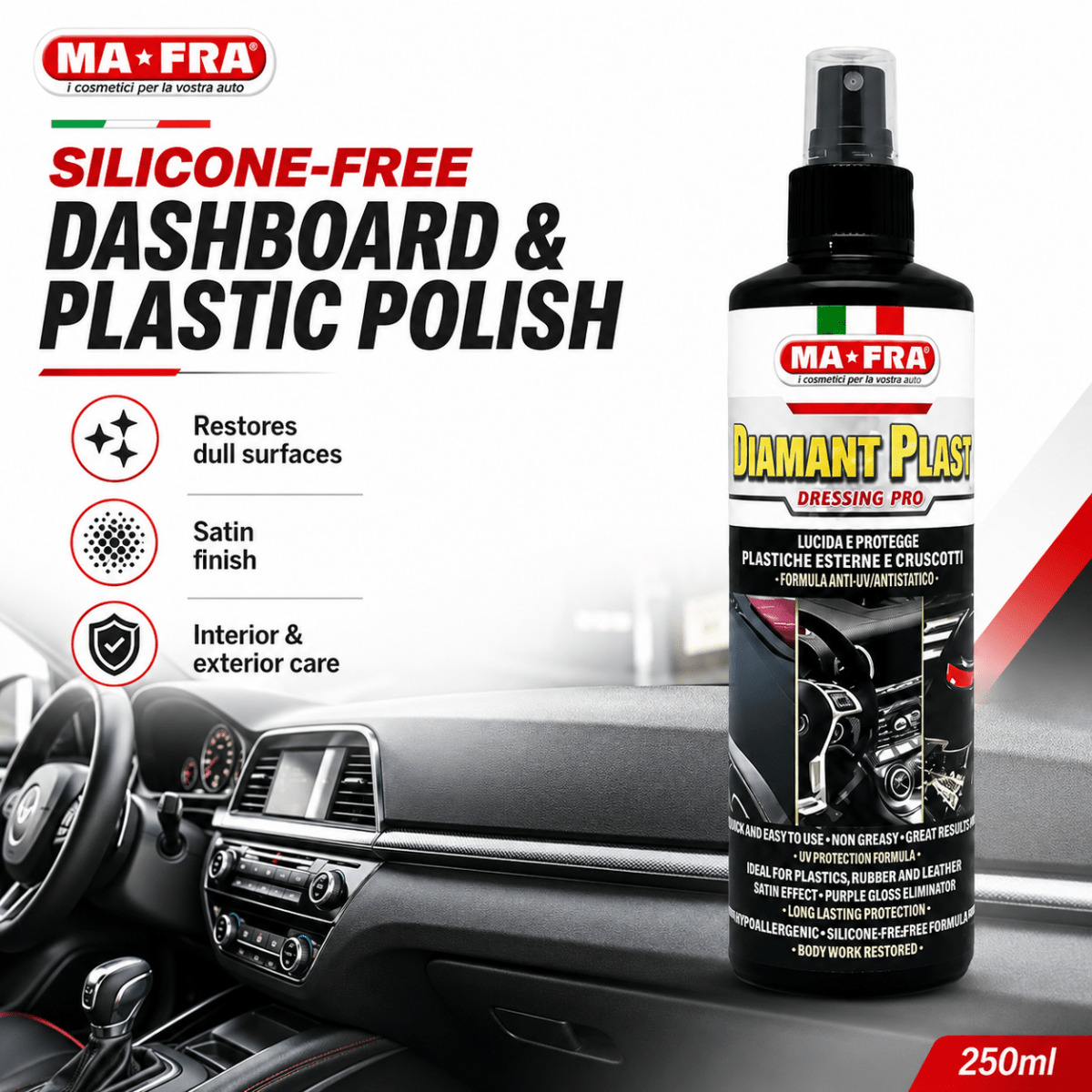 Mafra Diamant Plast Dressing Pro 250ml | Dashboard, Plastic & Rubber Polish For Car Interior & Exterior - Detailing Essentials