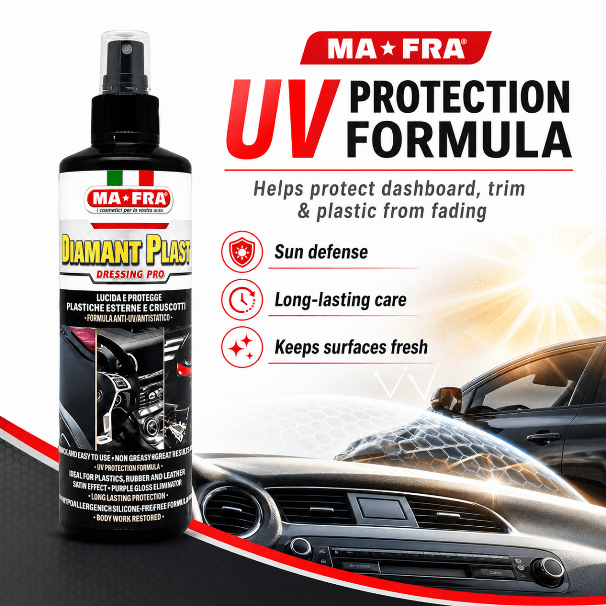 Mafra Diamant Plast Dressing Pro 250ml | Dashboard, Plastic & Rubber Polish For Car Interior & Exterior - Detailing Essentials