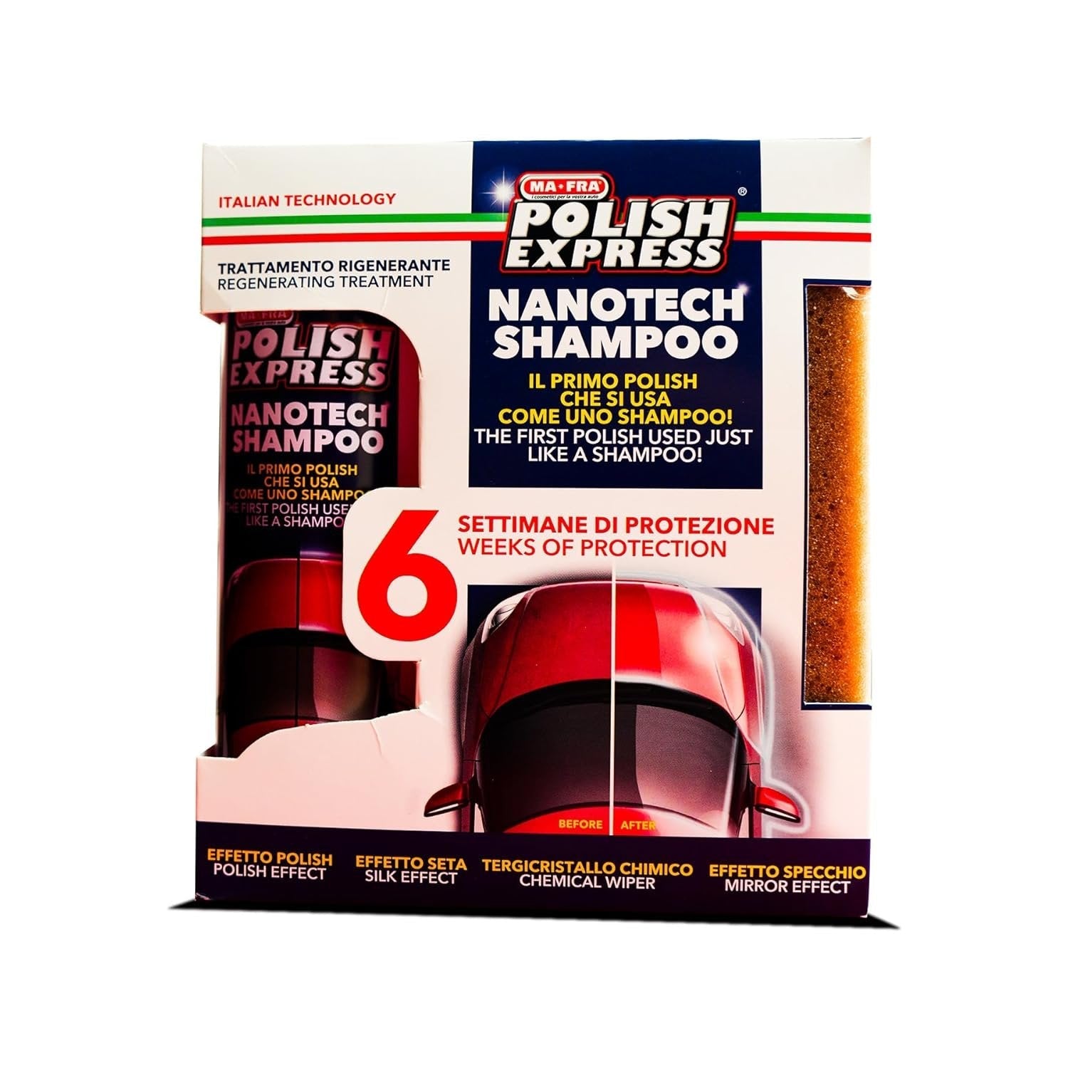 Mafra Polish Express 250ml Nanotech Shampoo With Polishing Sponge | 2 - in - 1 Wash & Wax | Mirror Shine, Easy Washing, Up To 6 Weeks Protection - Detailing Essentials