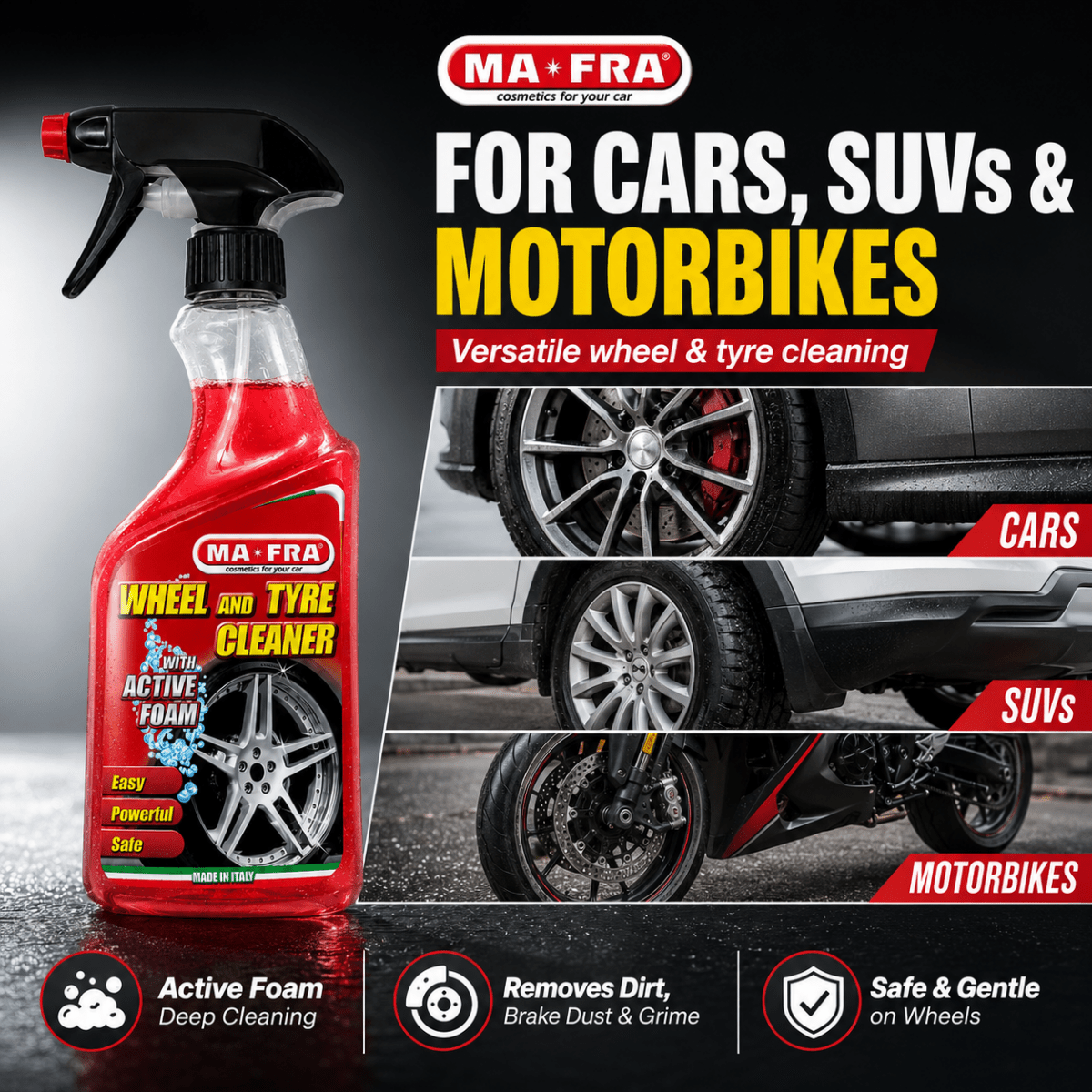 Mafra Wheel & Tyre Cleaner 500ml | Active Foam Alloy Rim & Tyre Cleaner | Removes Brake Dust, Road Grime & Restores Tyre Color | Protects Wheels & Rubber Tyres - Detailing Essentials