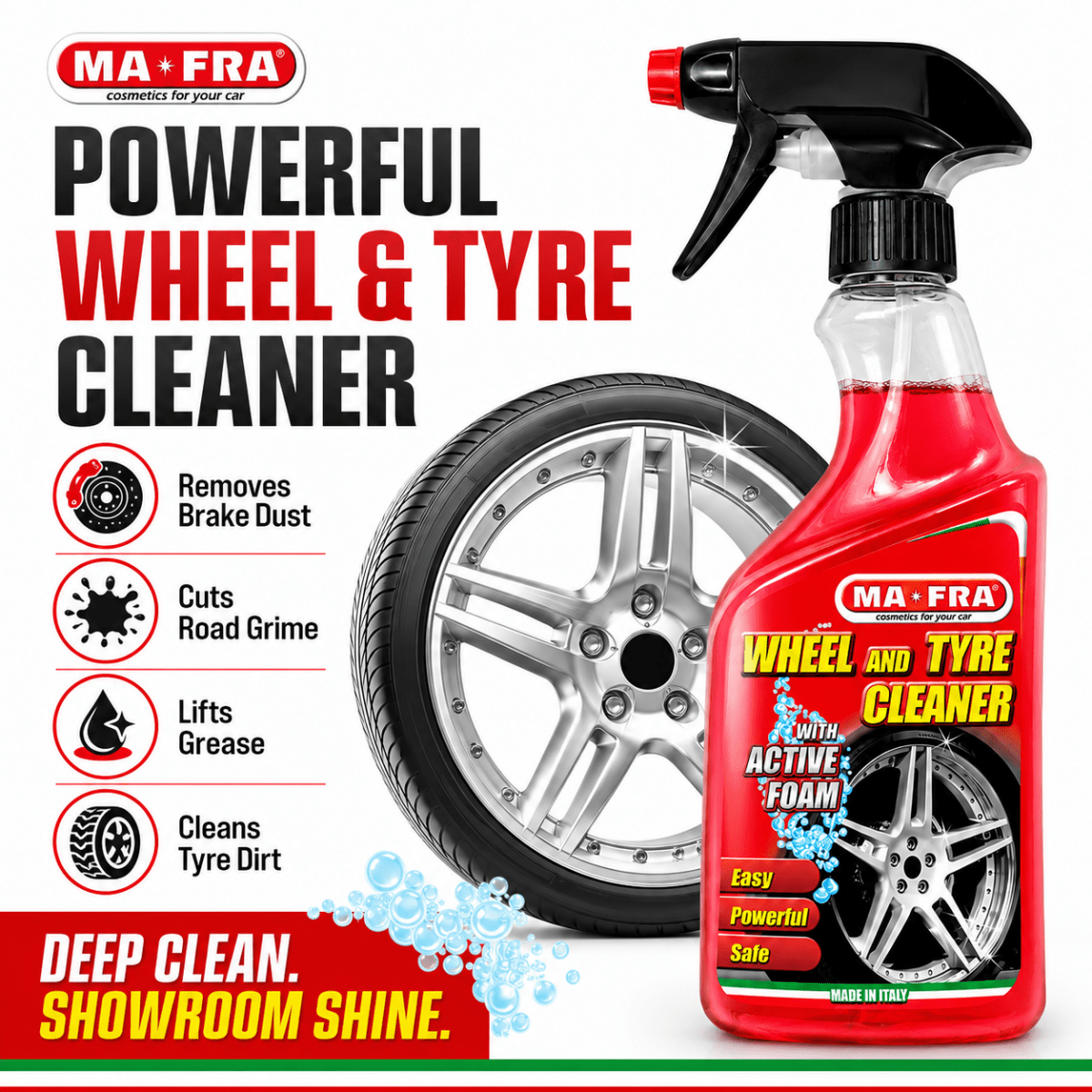 Mafra Wheel & Tyre Cleaner 500ml | Active Foam Alloy Rim & Tyre Cleaner | Removes Brake Dust, Road Grime & Restores Tyre Color | Protects Wheels & Rubber Tyres - Detailing Essentials