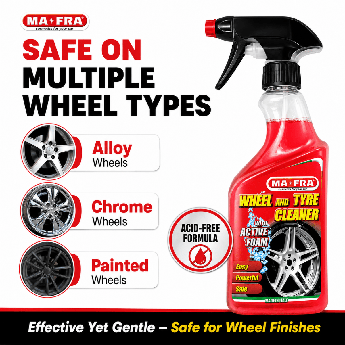 Mafra Wheel & Tyre Cleaner 500ml | Active Foam Alloy Rim & Tyre Cleaner | Removes Brake Dust, Road Grime & Restores Tyre Color | Protects Wheels & Rubber Tyres - Detailing Essentials