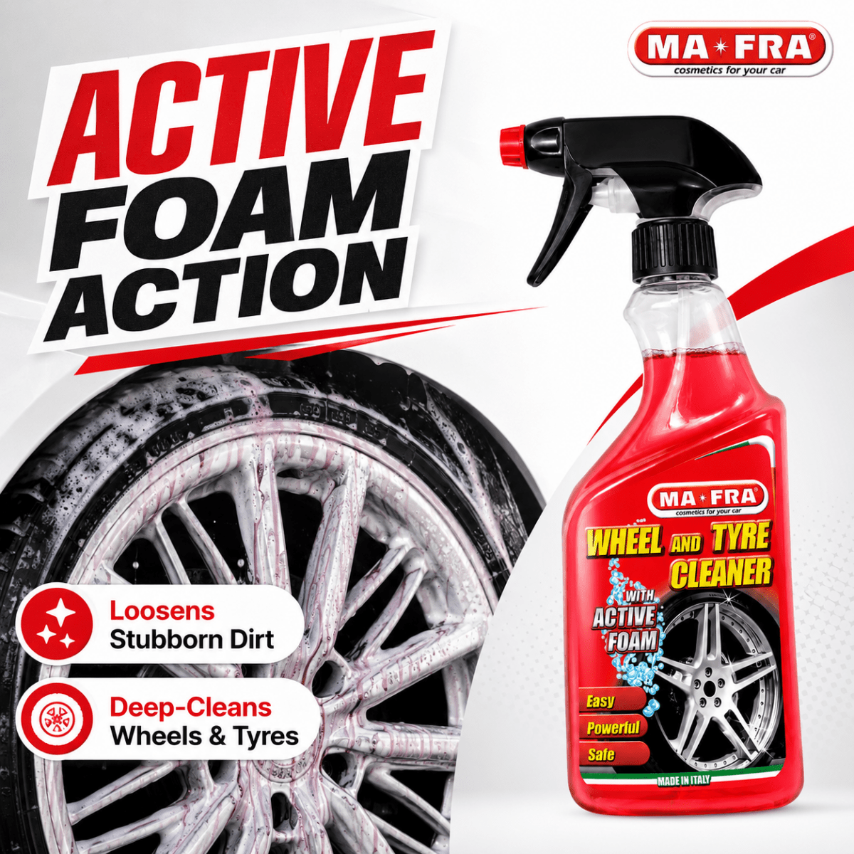 Mafra Wheel & Tyre Cleaner 500ml | Active Foam Alloy Rim & Tyre Cleaner | Removes Brake Dust, Road Grime & Restores Tyre Color | Protects Wheels & Rubber Tyres - Detailing Essentials