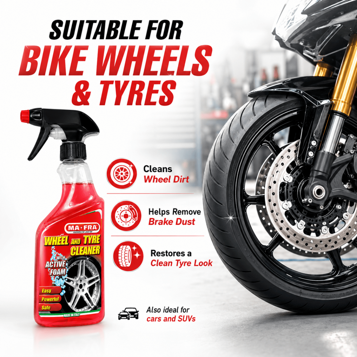 Mafra Wheel & Tyre Cleaner 500ml | Active Foam Alloy Rim & Tyre Cleaner | Removes Brake Dust, Road Grime & Restores Tyre Color | Protects Wheels & Rubber Tyres - Detailing Essentials