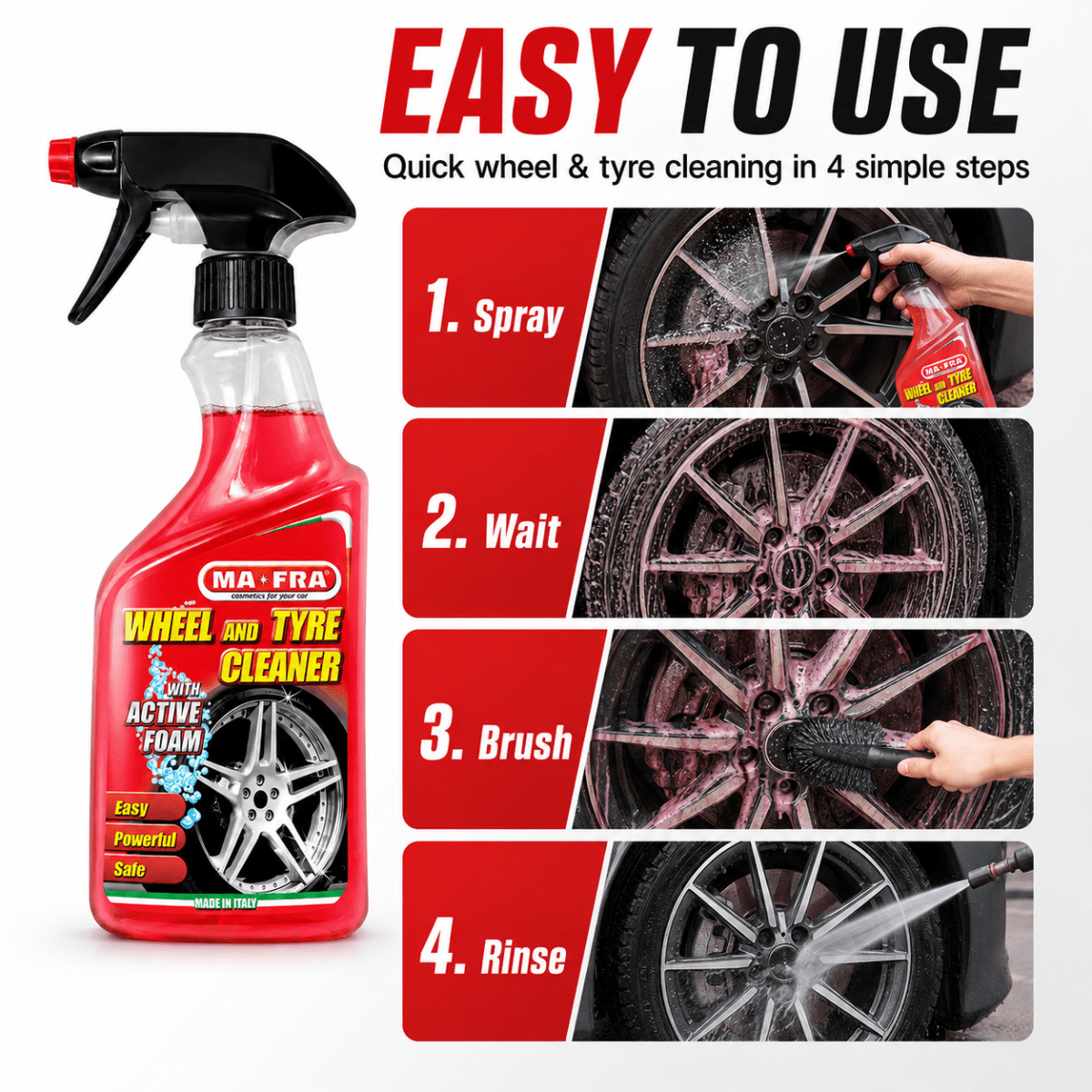 Mafra Wheel & Tyre Cleaner 500ml | Active Foam Alloy Rim & Tyre Cleaner | Removes Brake Dust, Road Grime & Restores Tyre Color | Protects Wheels & Rubber Tyres - Detailing Essentials