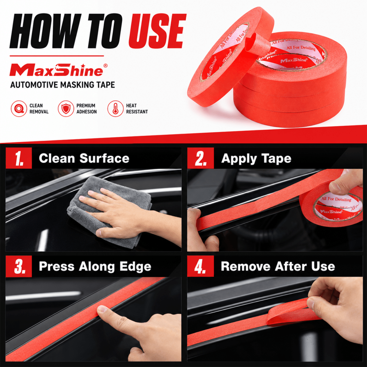 Maxshine Automotive Masking Tape (1.42 Inch By 165 Feet) And Masking Tape For Professional Detailing Tools - Detailing Essentials