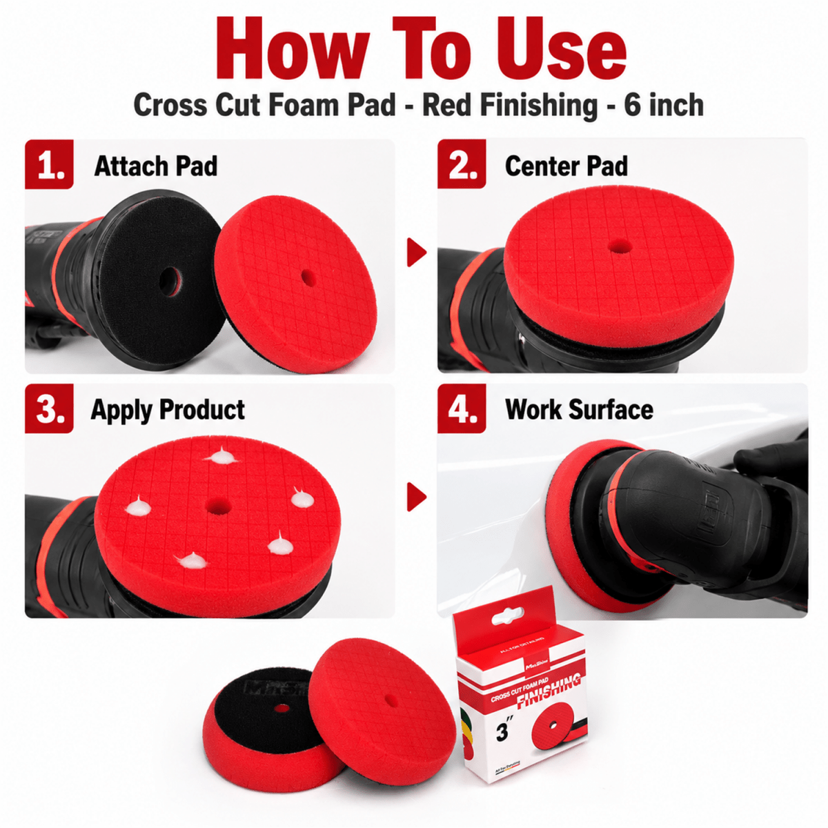 MaxShine Cross Cut Foam Pad Red Finishing | 3 Inch, 5 Inch & 6 Inch - Detailing Essentials