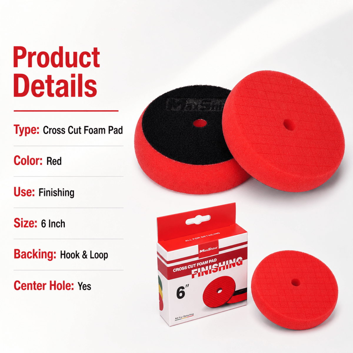 MaxShine Cross Cut Foam Pad Red Finishing | 3 Inch, 5 Inch & 6 Inch - Detailing Essentials