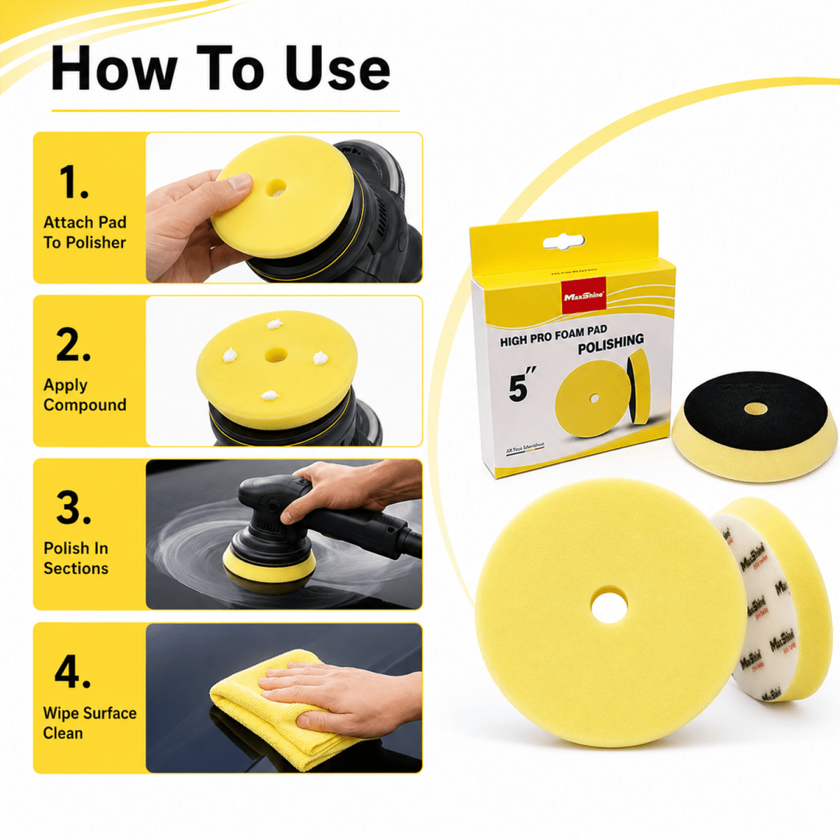MaxShine Cross Cut Foam Pad Yellow Polishing | 3 Inch, 5 Inch & 6 Inch - Detailing Essentials