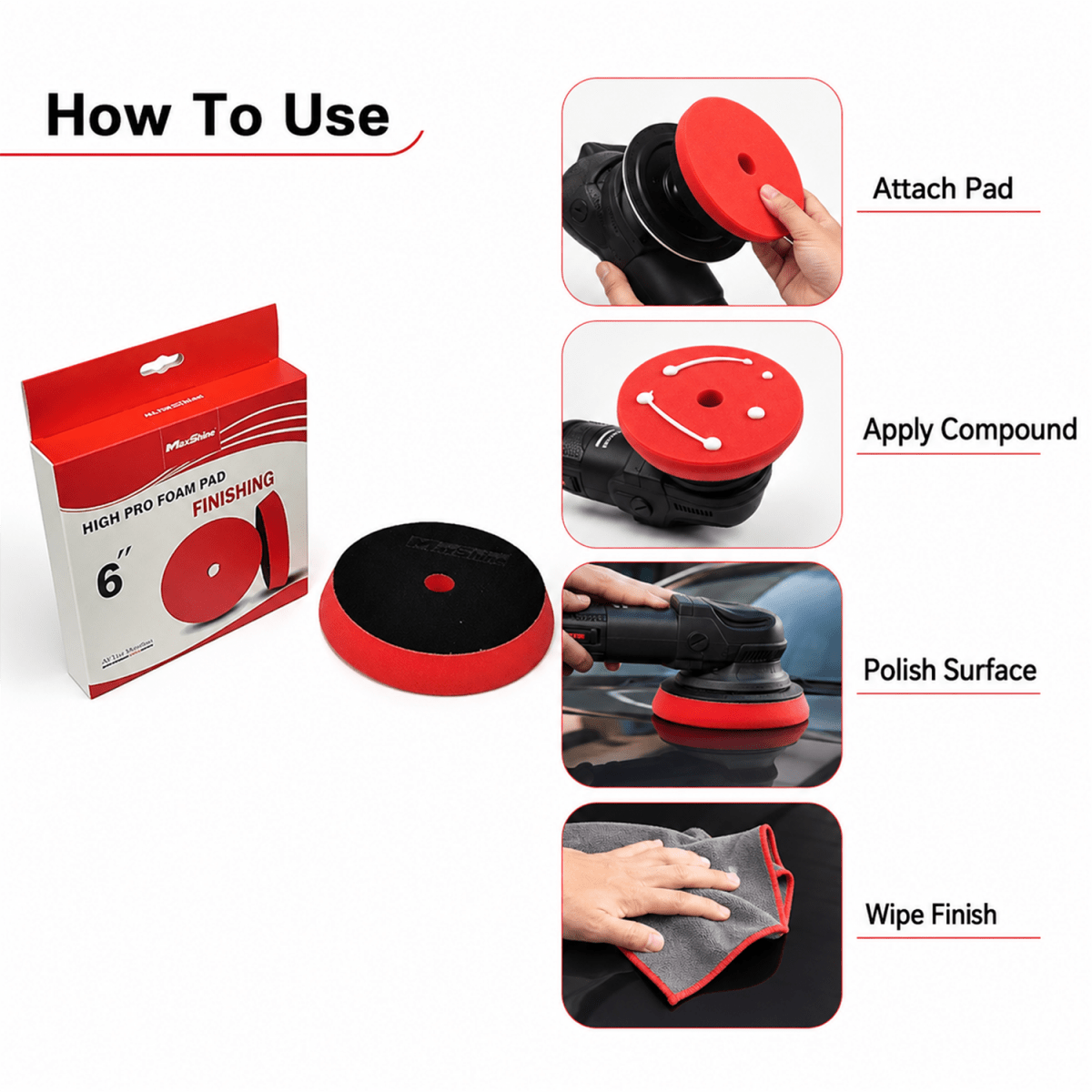 MaxShine High Pro Red Foam Finishing Pad | 5.2 Inch & 6.2 Inch - Detailing Essentials