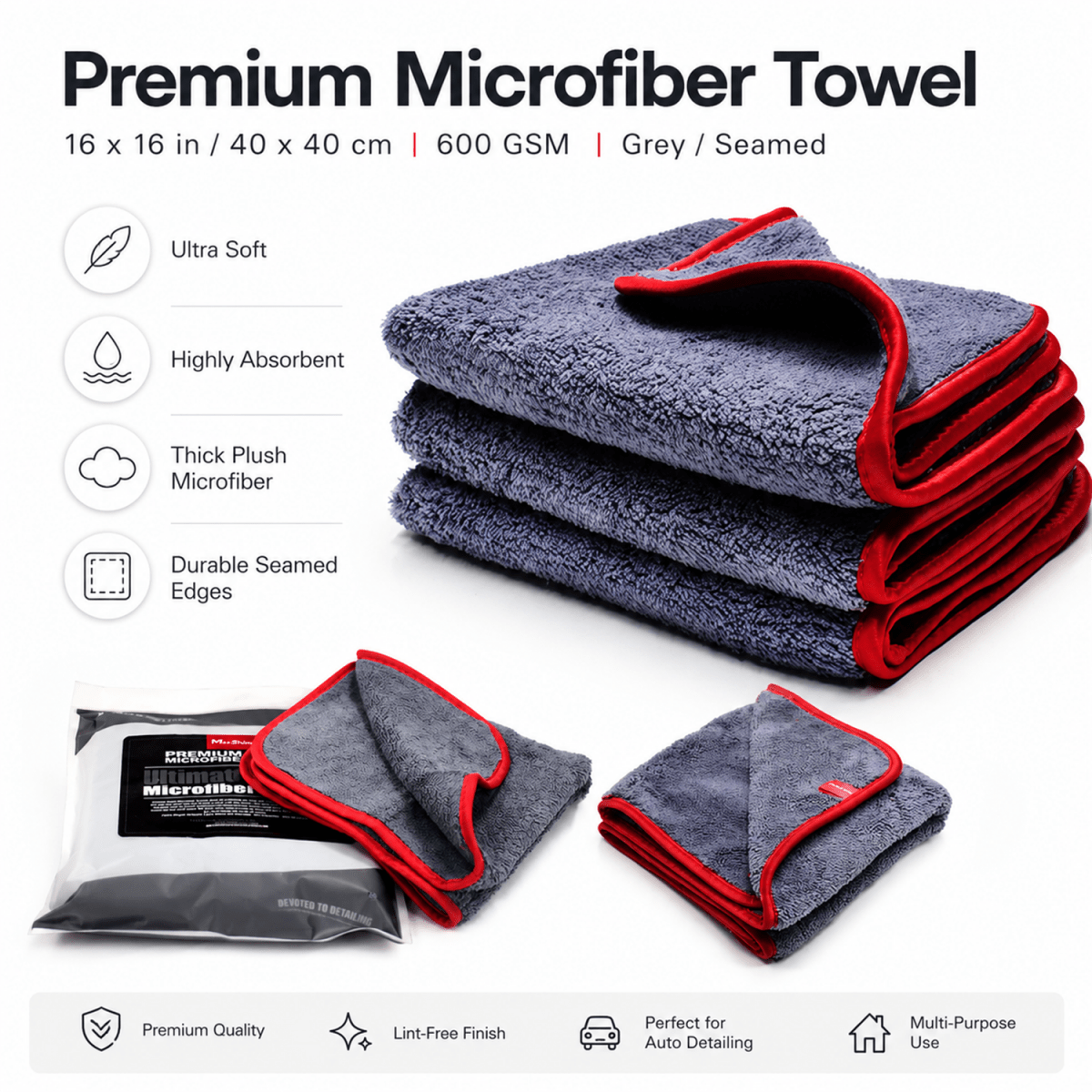 MaxShine Microfiber Towel 600 GSM | 40x40cm Detailing Cloth - Pack of 3 - Detailing Essentials