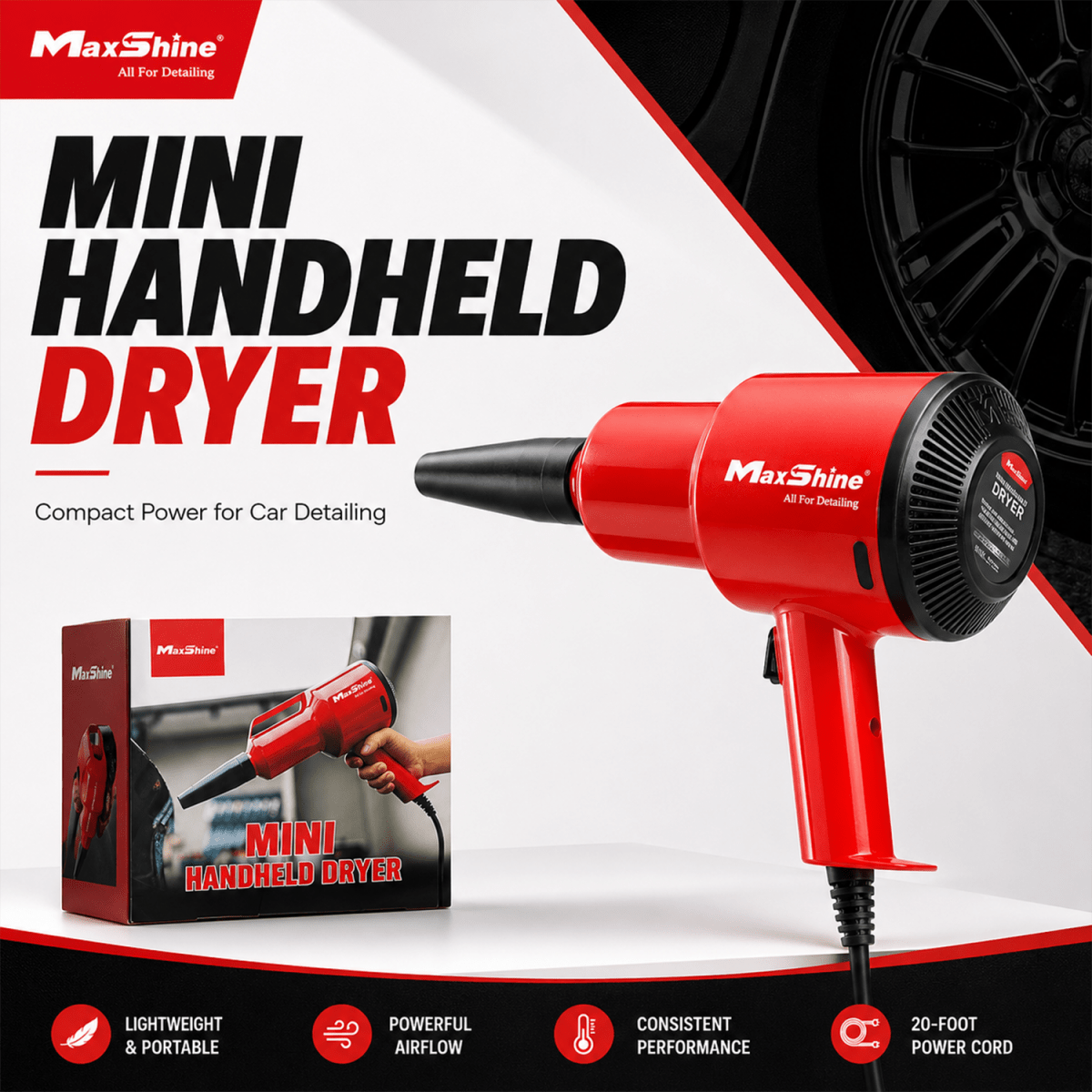 MaxShine Mini Handheld Car Dryer Air Blower 1200W | 22000 FPM with 2 Nozzles - Detailing Essentials