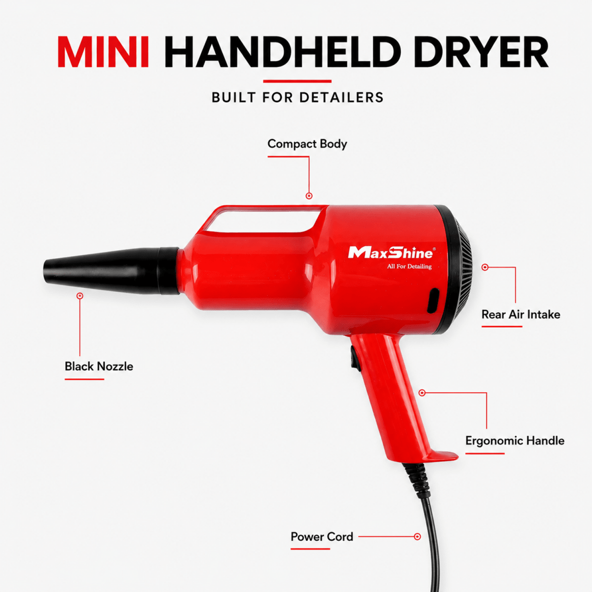 MaxShine Mini Handheld Car Dryer Air Blower 1200W | 22000 FPM with 2 Nozzles - Detailing Essentials