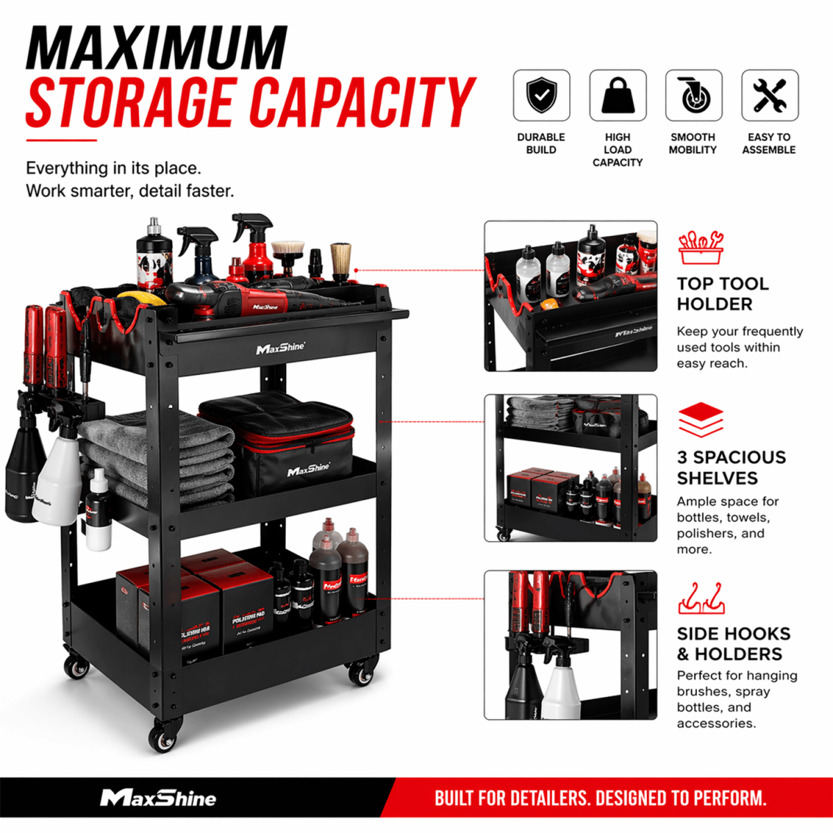 Maxshine Premium Detailing Rolling Trolley And Mobile Storage For Car Detailing Tools - Detailing Essentials