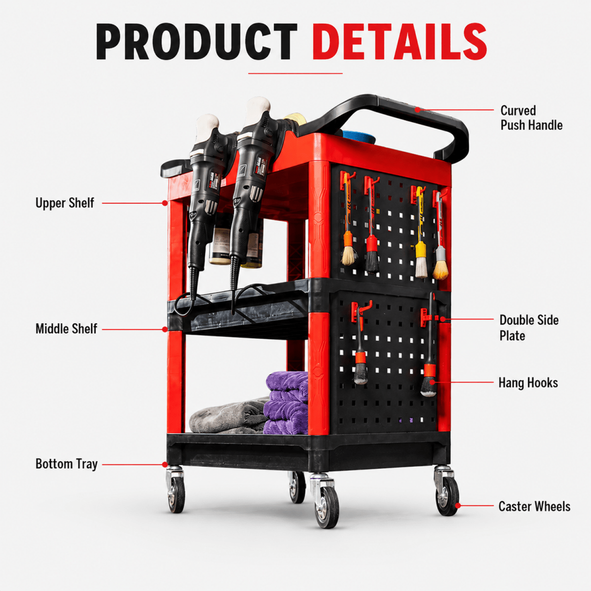 Maxshine Premium Heavy Duty Detailing Cart With Two Side Plate And Hang Hook And Detailing Cart For Professional Machine And Tools - Detailing Essentials
