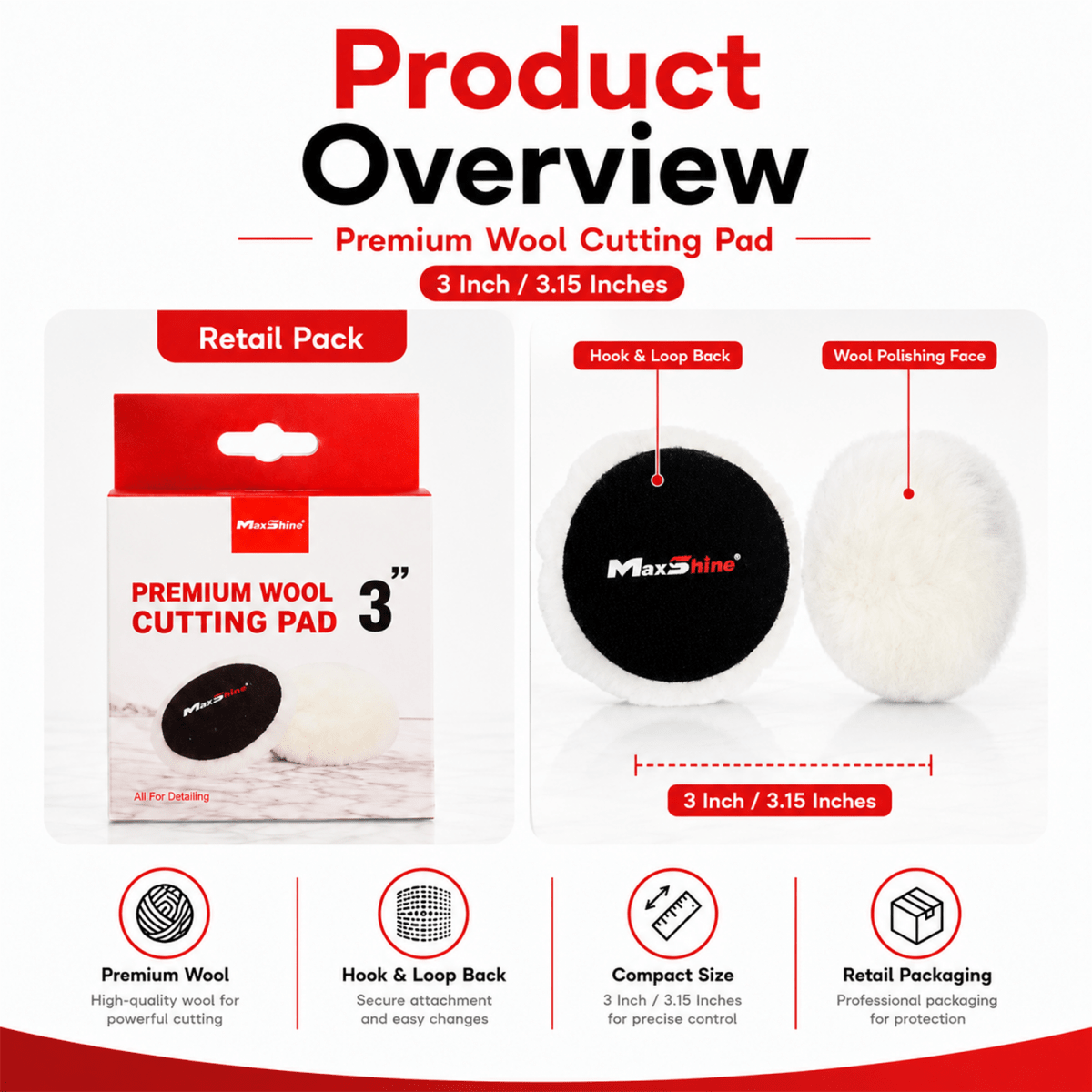 MaxShine Premium Wool Cut & Polish Pad | 3 Inch, 5 Inch & 6 Inch - Detailing Essentials