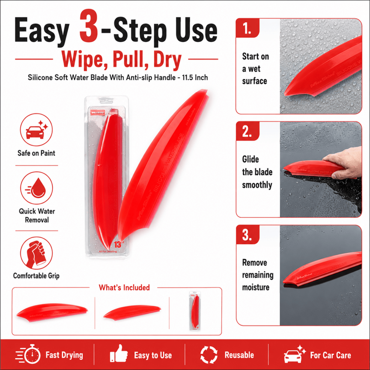 MaxShine Silicone Soft Water Blade 11.5 Inch | Anti - Slip Car Drying Blade - Detailing Essentials