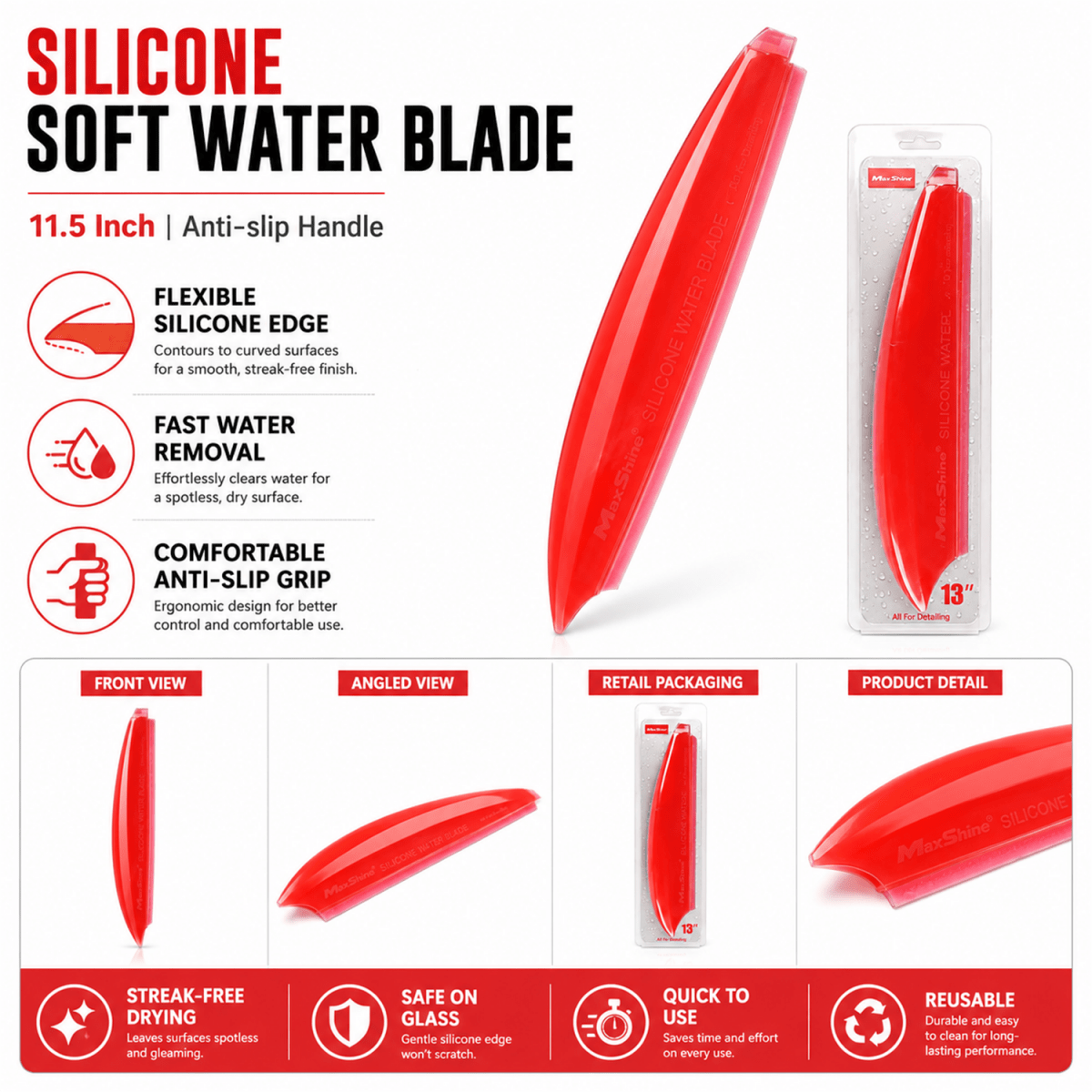 MaxShine Silicone Soft Water Blade 11.5 Inch | Anti - Slip Car Drying Blade - Detailing Essentials
