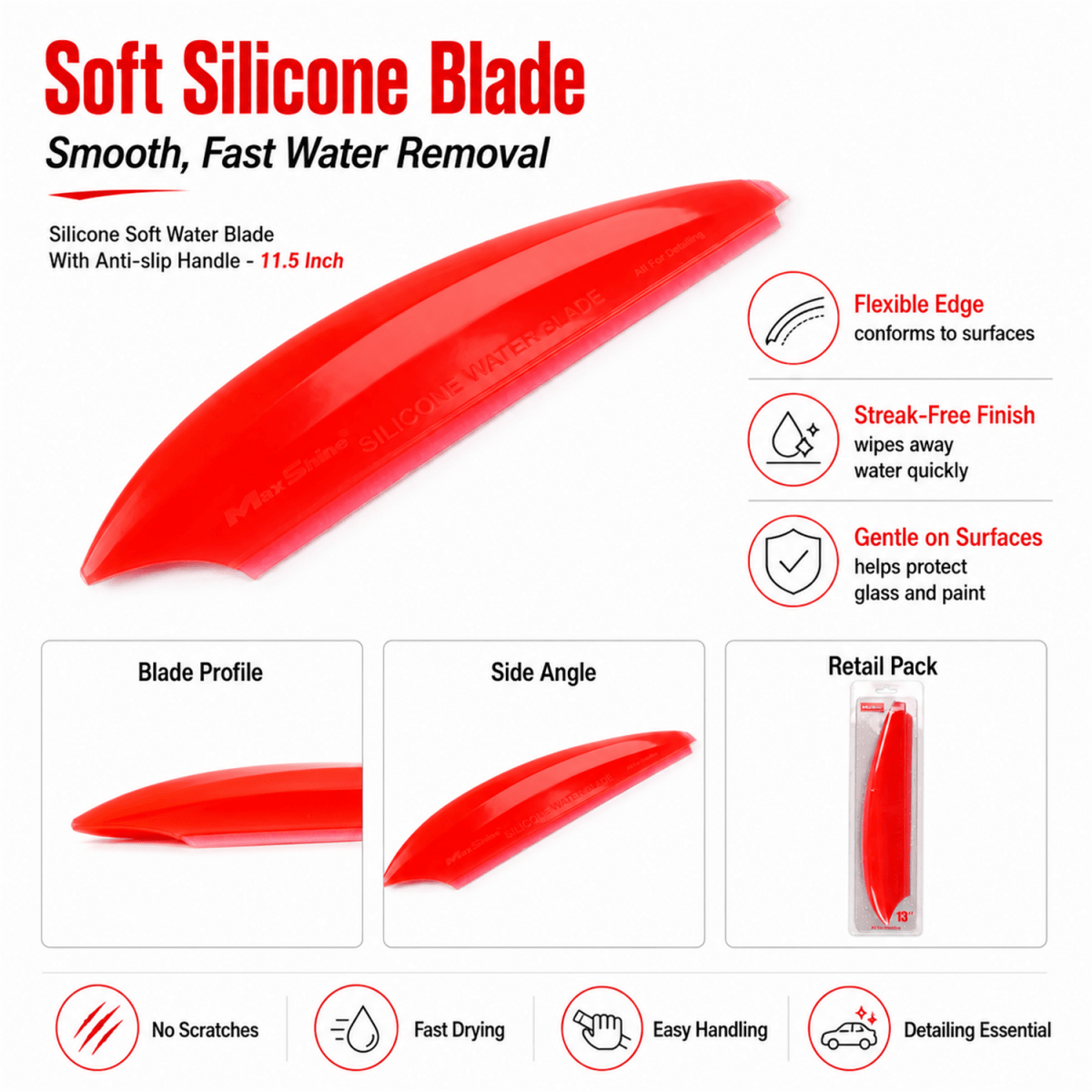 MaxShine Silicone Soft Water Blade 11.5 Inch | Anti - Slip Car Drying Blade - Detailing Essentials