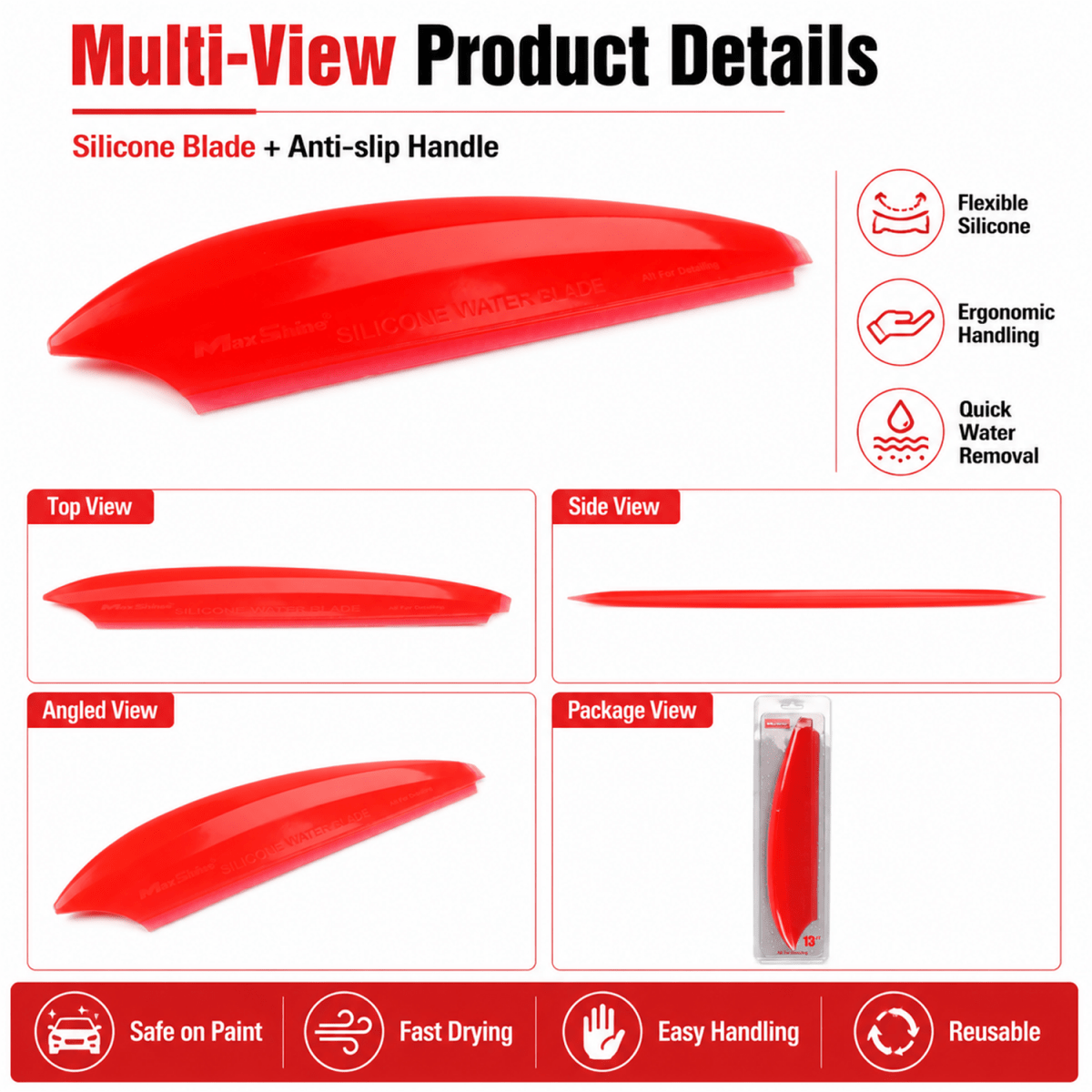MaxShine Silicone Soft Water Blade 11.5 Inch | Anti - Slip Car Drying Blade - Detailing Essentials