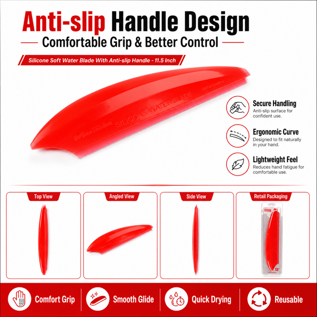MaxShine Silicone Soft Water Blade 11.5 Inch | Anti - Slip Car Drying Blade - Detailing Essentials