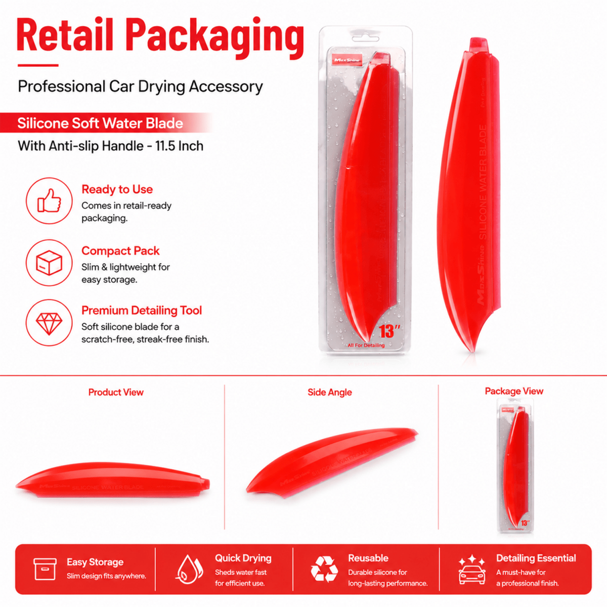 MaxShine Silicone Soft Water Blade 11.5 Inch | Anti - Slip Car Drying Blade - Detailing Essentials