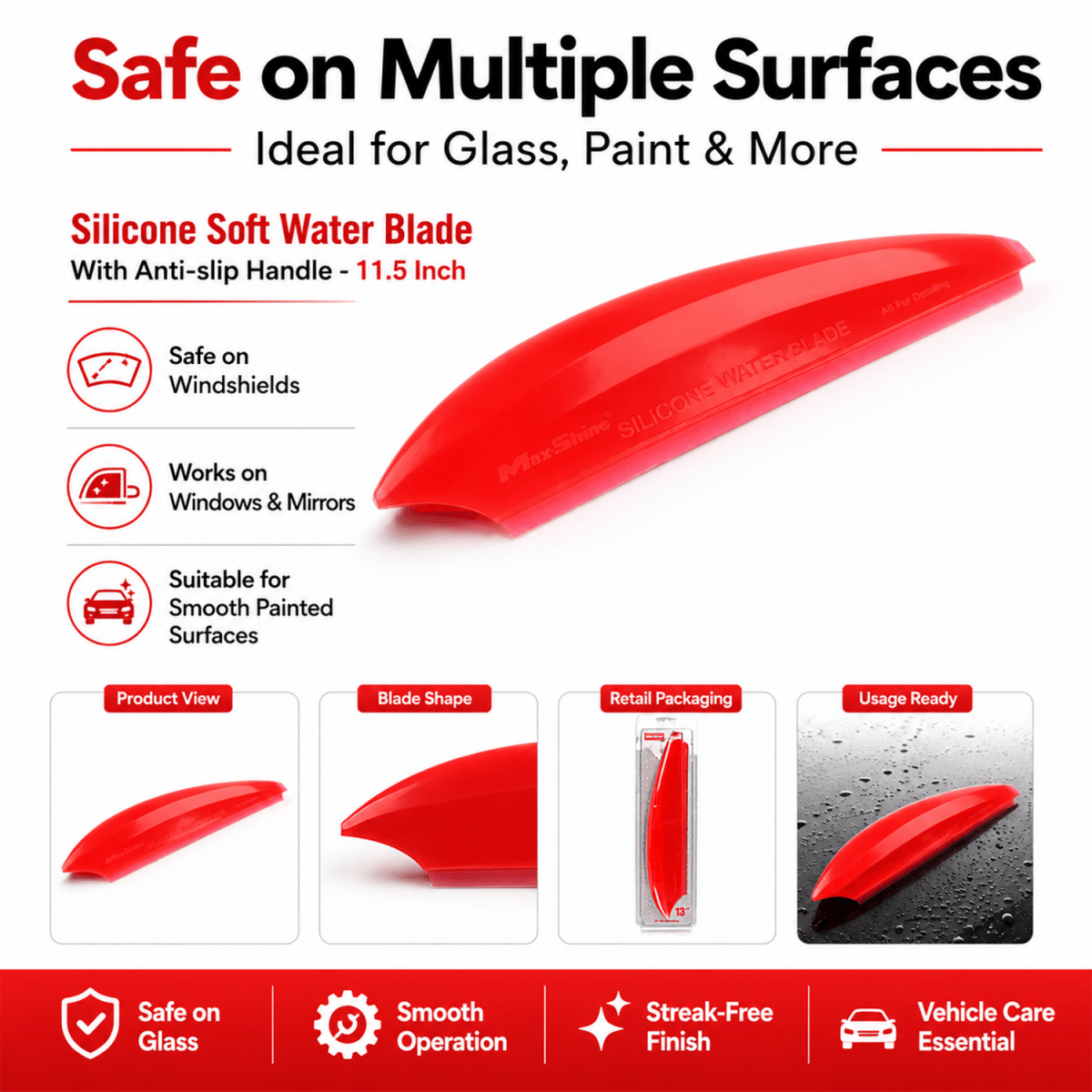 MaxShine Silicone Soft Water Blade 11.5 Inch | Anti - Slip Car Drying Blade - Detailing Essentials