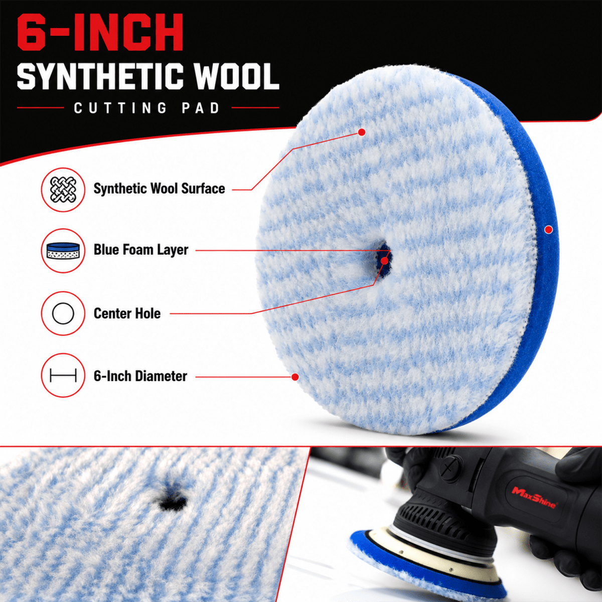 Maxshine Synthetic Wool Cutting Pad - 6 Inch And Wool Pad For Professional Detailing Tools - Detailing Essentials