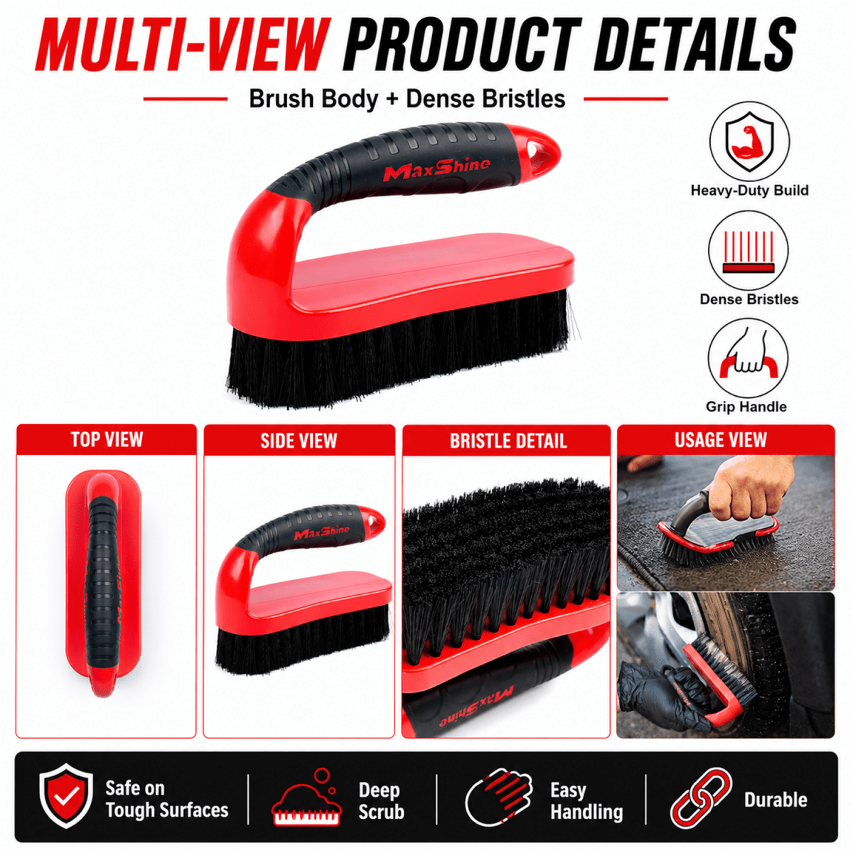 Maxshine Tire & Carpet Scrub Brush 19cm | Heavy - duty Bristles For Deep Cleaning | Tyre Detailing Brush | Rug & Carpet Cleaning Brush - Detailing Essentials