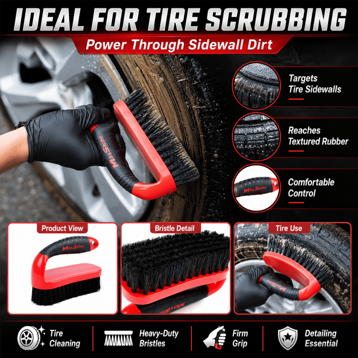 Maxshine Tire & Carpet Scrub Brush 19cm | Heavy - duty Bristles For Deep Cleaning | Tyre Detailing Brush | Rug & Carpet Cleaning Brush - Detailing Essentials