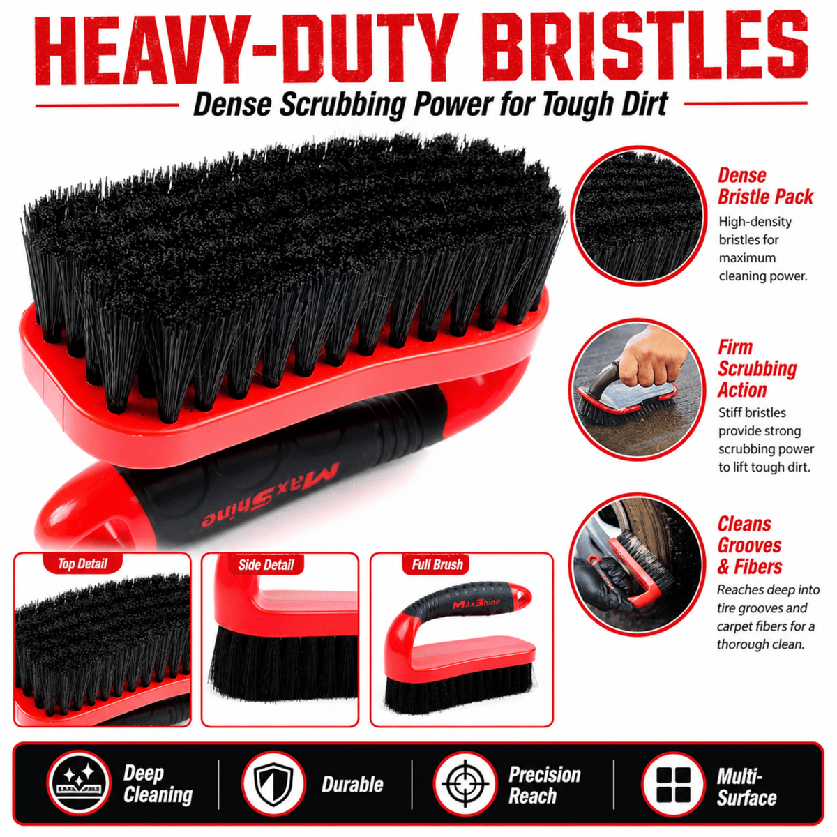 Maxshine Tire & Carpet Scrub Brush 19cm | Heavy - duty Bristles For Deep Cleaning | Tyre Detailing Brush | Rug & Carpet Cleaning Brush - Detailing Essentials
